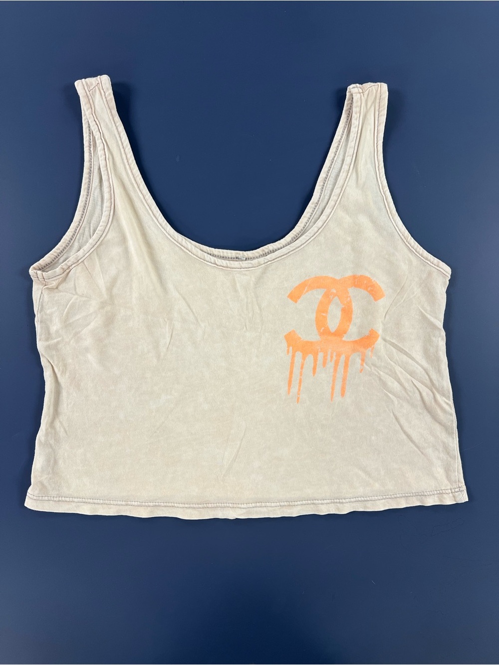 Beige Crop Tank Top with Orange Drip Logo